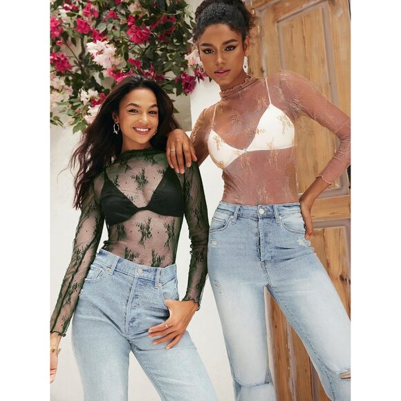 Women's Green Mesh Sheer Lace Long Sleeve Mock Neck Pull On Shirt Blouses - Picture 2 of 8